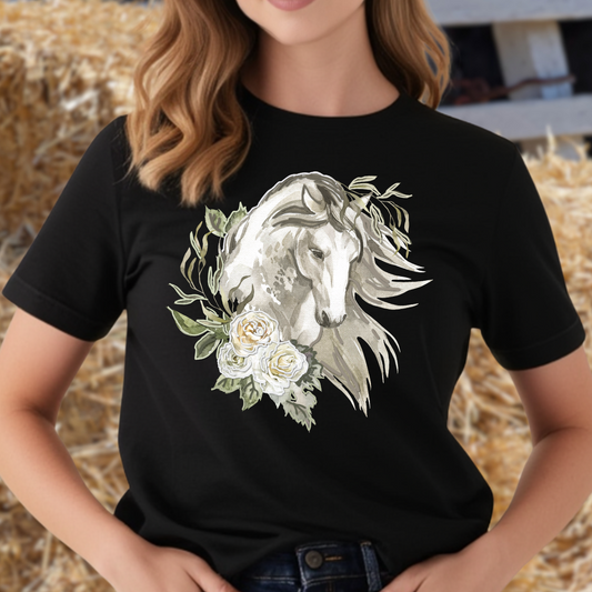 1 Vintage Puff Paint Style Horse T-Shirt – Soft Floral Horse Design