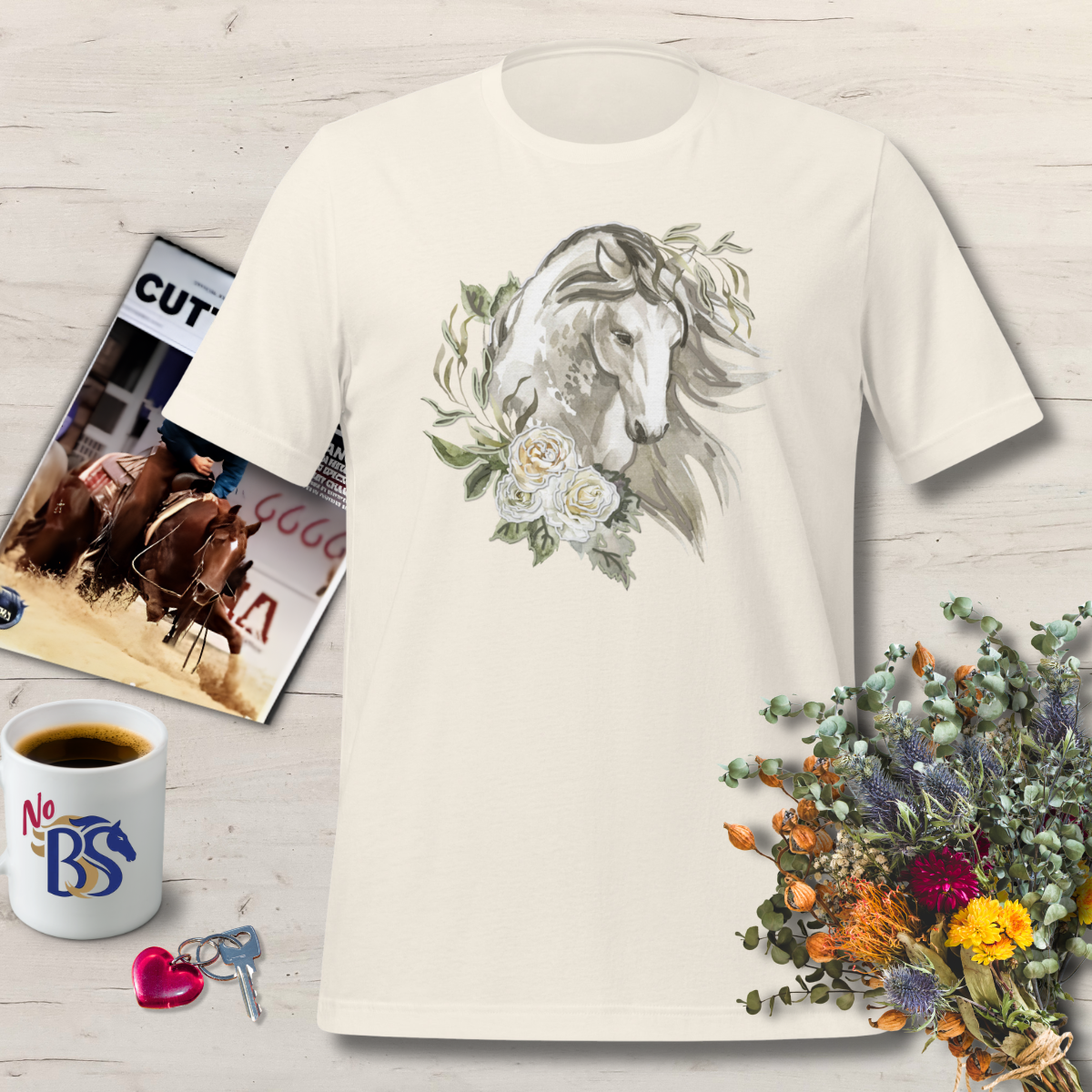 1 Vintage Puff Paint Style Horse T-Shirt – Soft Floral Horse Design