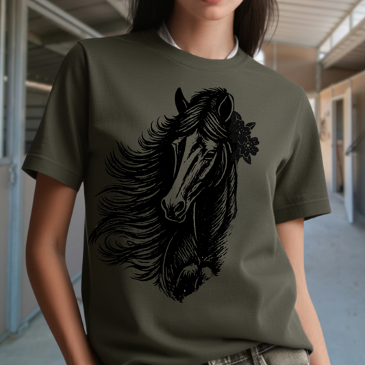 Linocut Vintage Horse Head Flower Shirt: Bella Canvas Tee