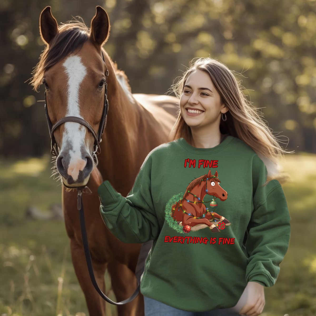 z Everything is Fine Funny Christmas Horse Sweatshirt