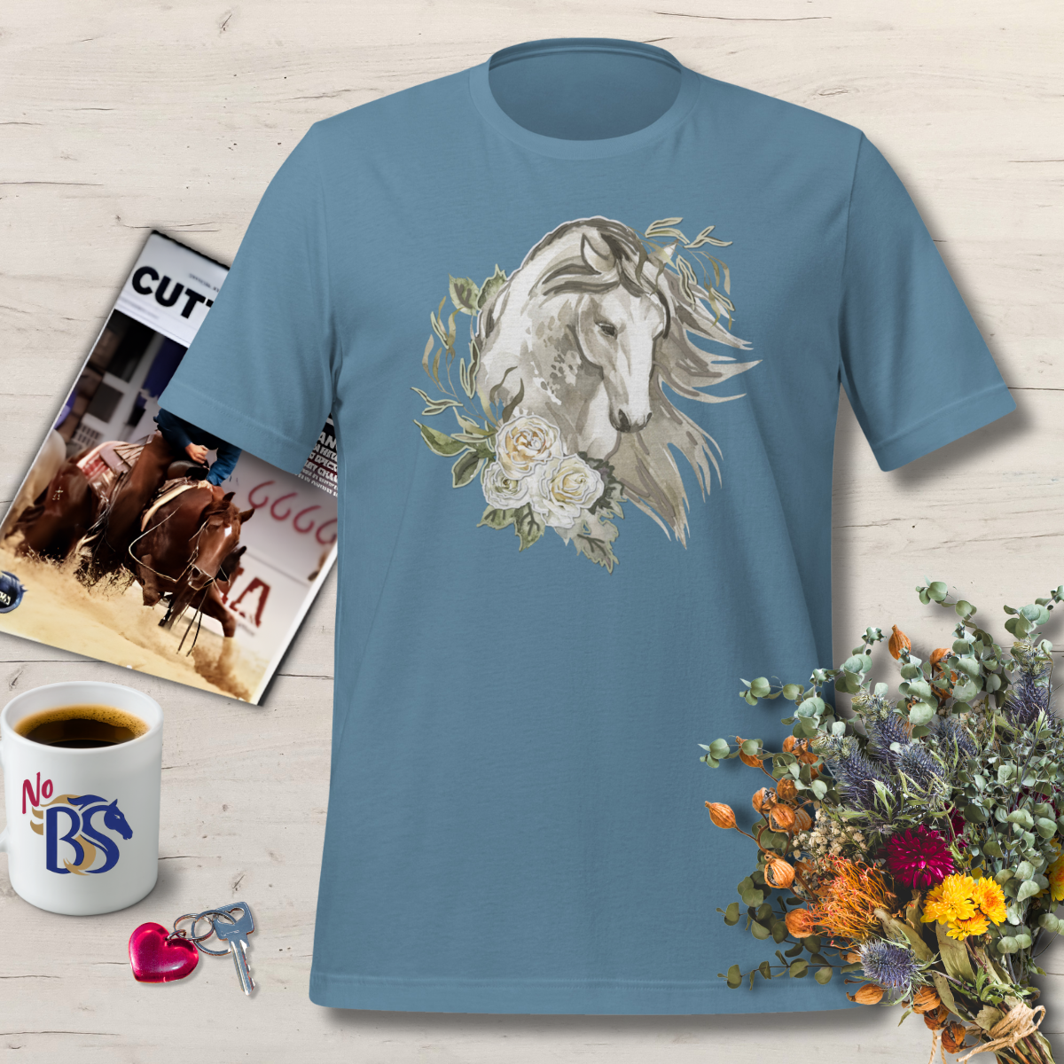 1 Vintage Puff Paint Style Horse T-Shirt – Soft Floral Horse Design