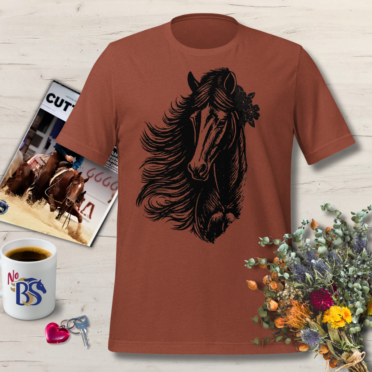 Linocut Vintage Horse Head Flower Shirt: Bella Canvas Tee