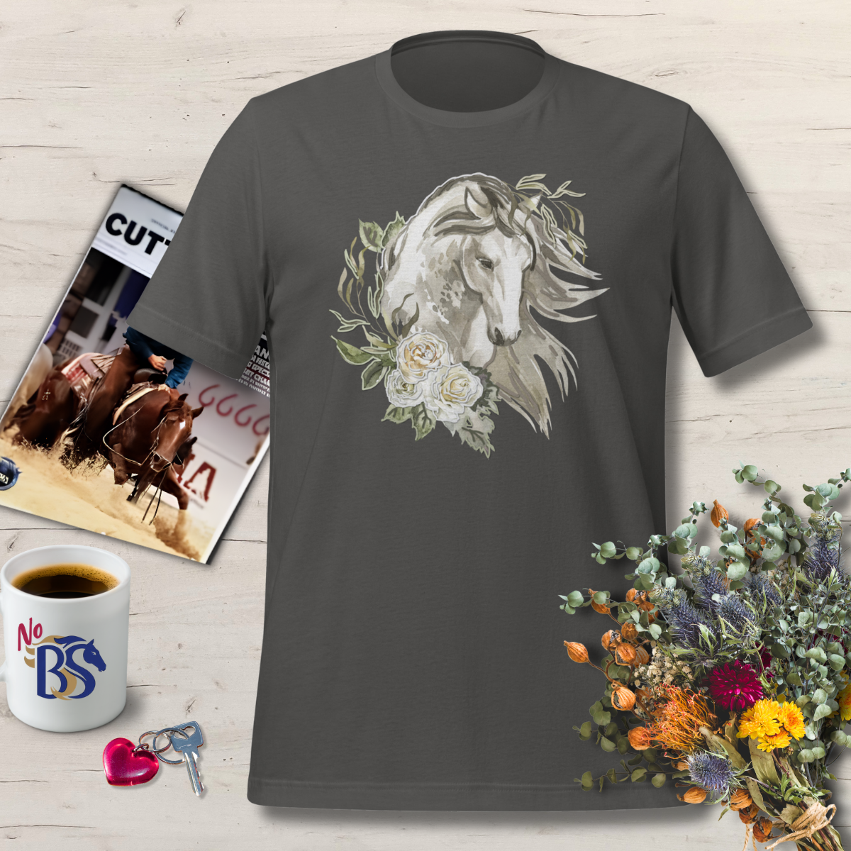 1 Vintage Puff Paint Style Horse T-Shirt – Soft Floral Horse Design