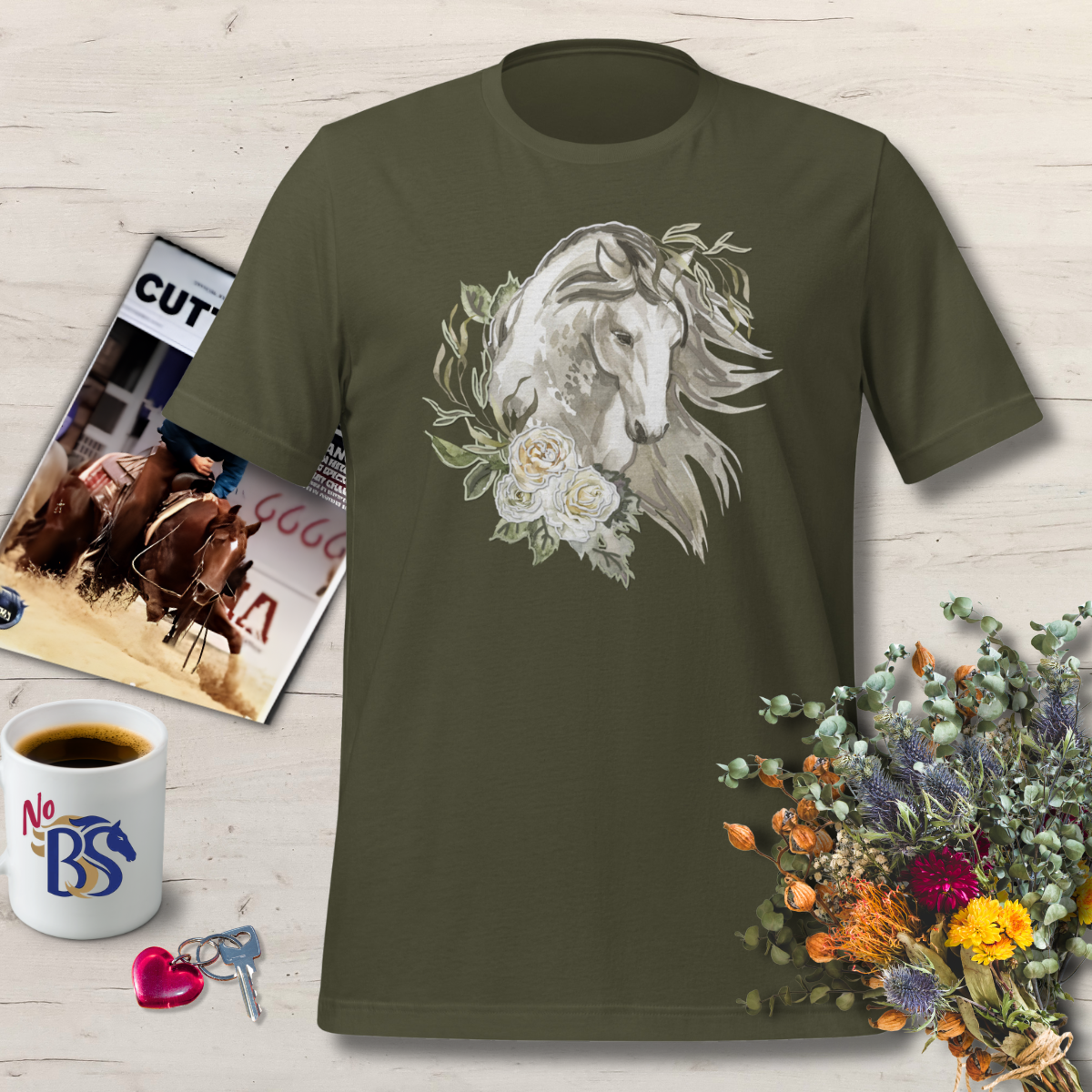 1 Vintage Puff Paint Style Horse T-Shirt – Soft Floral Horse Design