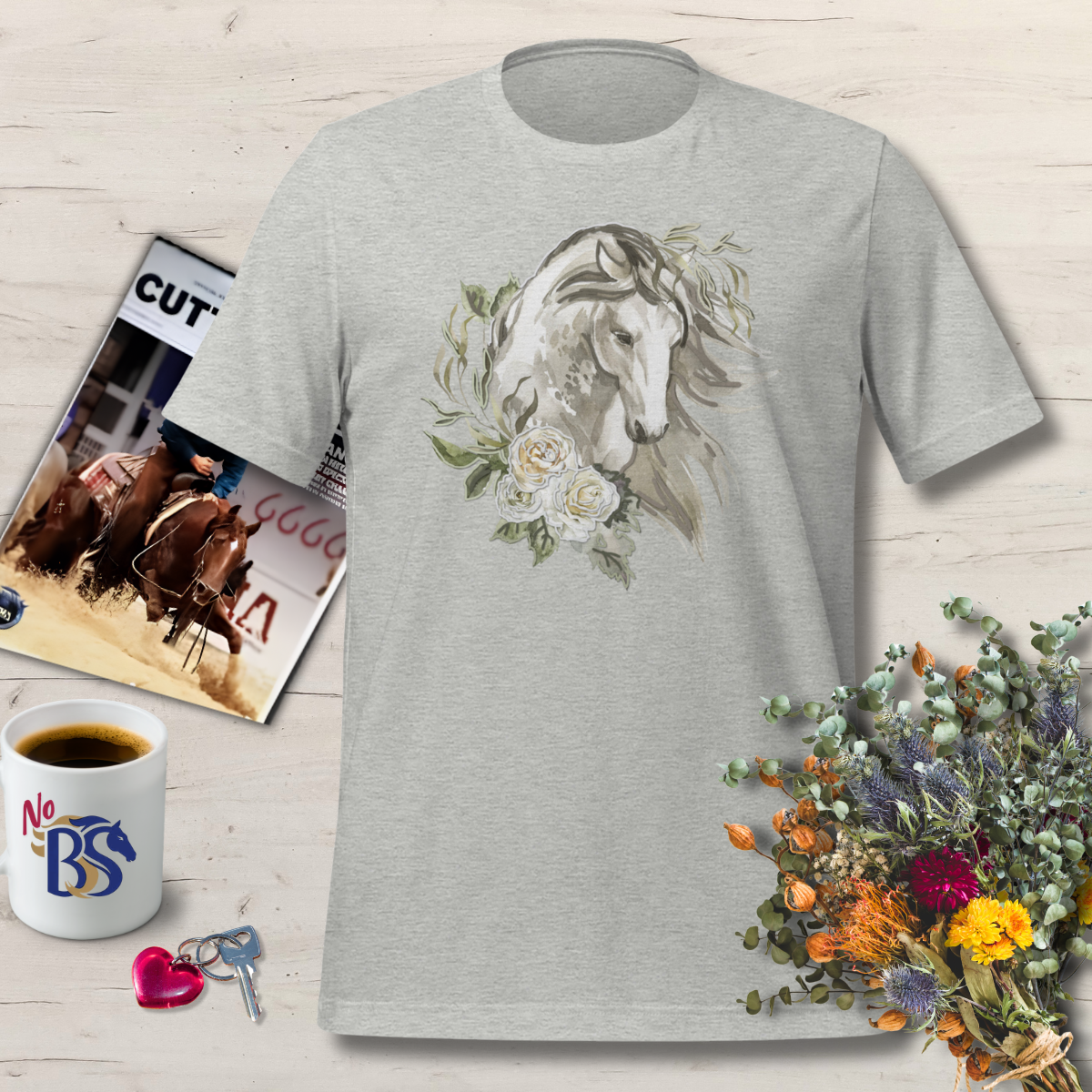 1 Vintage Puff Paint Style Horse T-Shirt – Soft Floral Horse Design