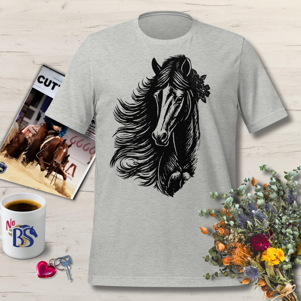Linocut Vintage Horse Head Flower Shirt: Bella Canvas Tee