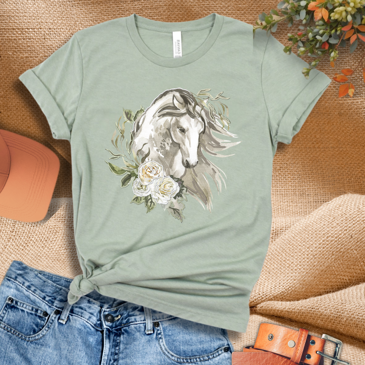1 Vintage Puff Paint Style Horse T-Shirt – Soft Floral Horse Design