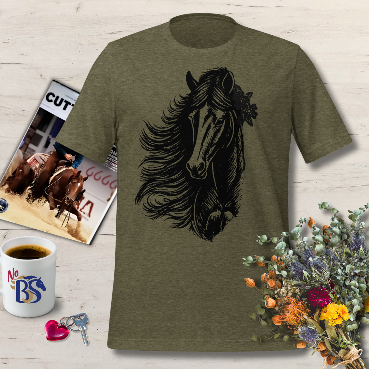 Linocut Vintage Horse Head Flower Shirt: Bella Canvas Tee