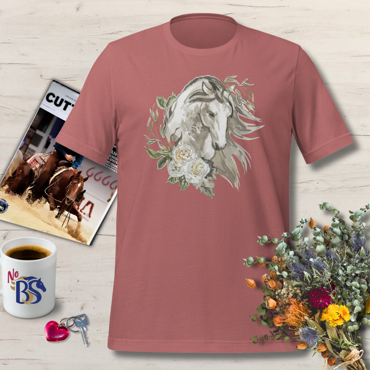 1 Vintage Puff Paint Style Horse T-Shirt – Soft Floral Horse Design