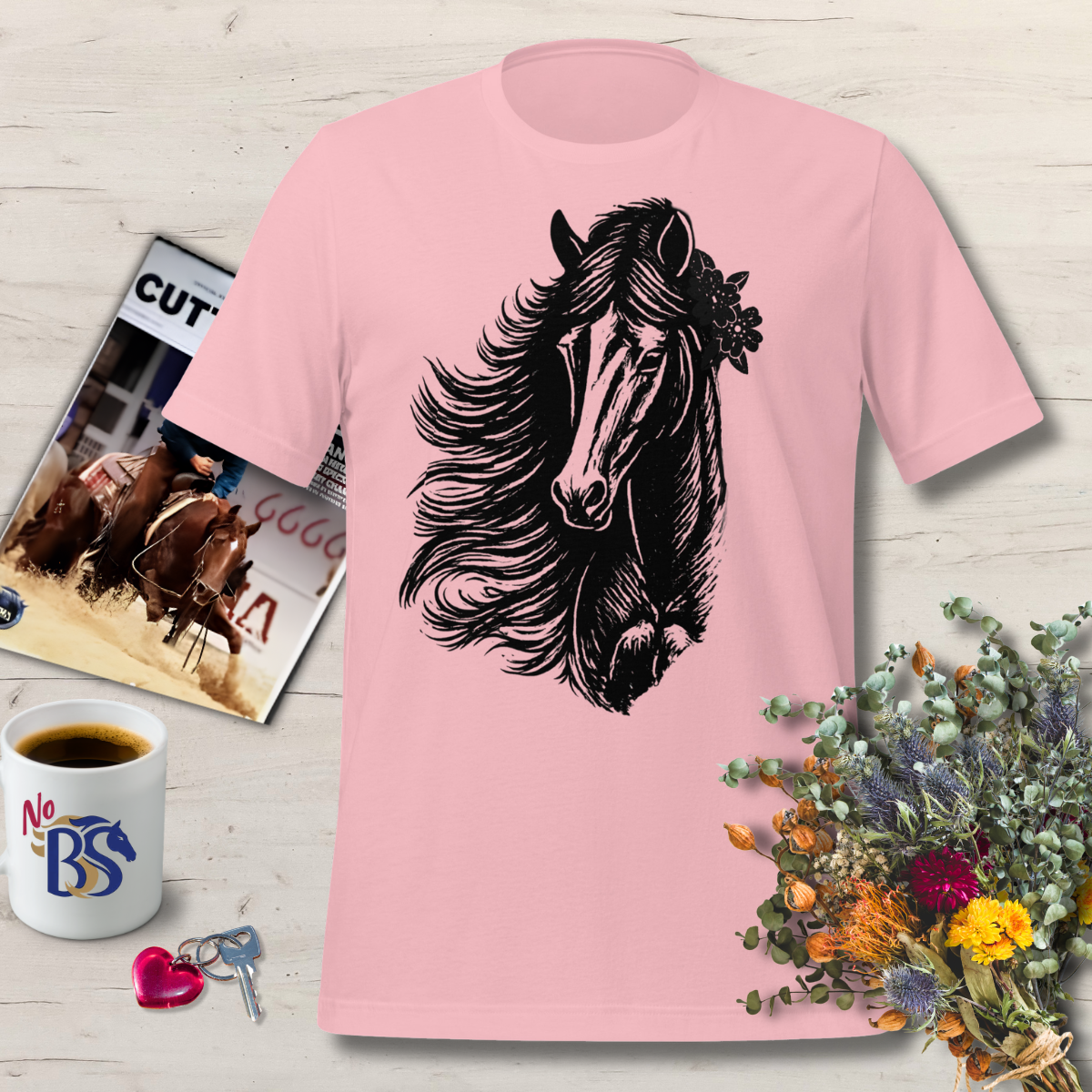 Linocut Vintage Horse Head Flower Shirt: Bella Canvas Tee