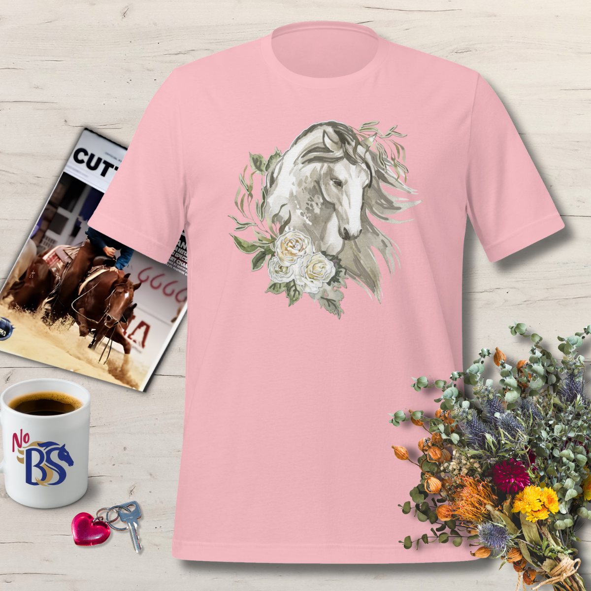 1 Vintage Puff Paint Style Horse T-Shirt – Soft Floral Horse Design