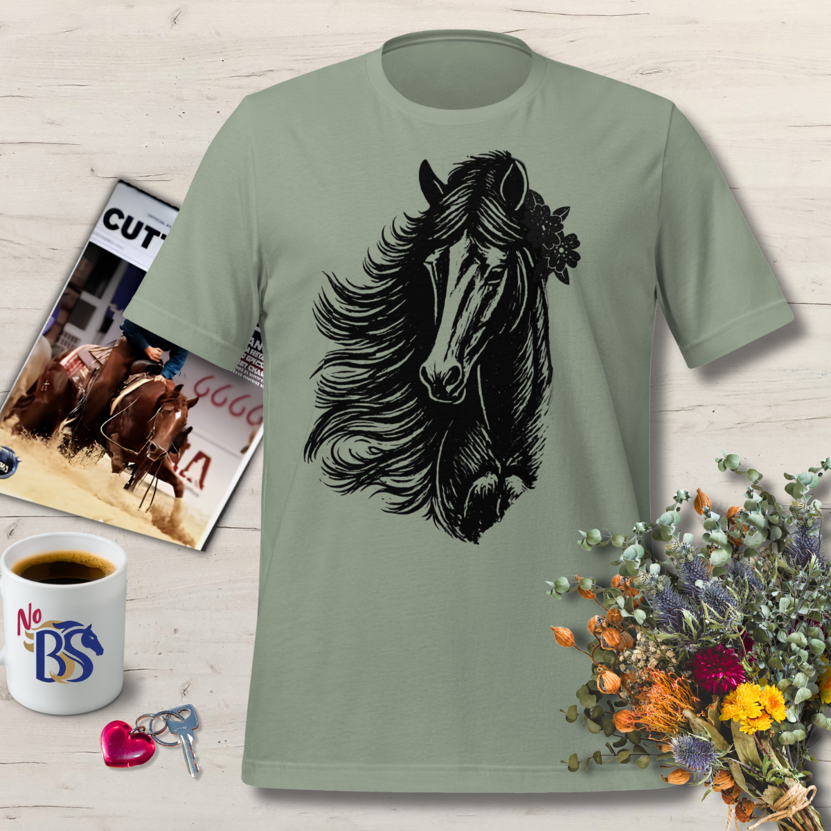 Linocut Vintage Horse Head Flower Shirt: Bella Canvas Tee