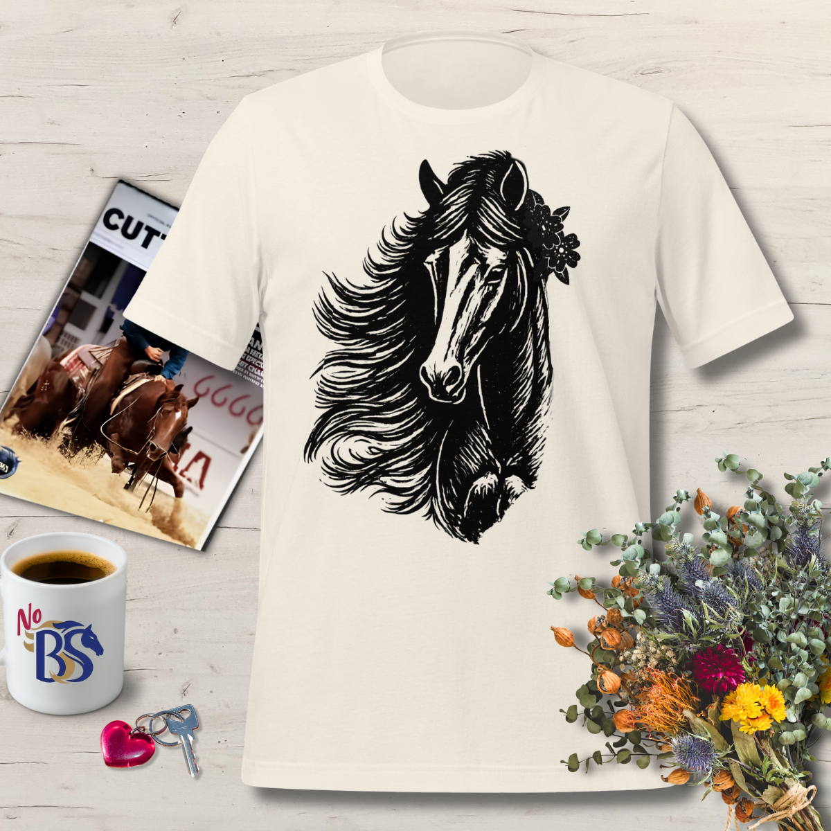 Linocut Vintage Horse Head Flower Shirt: Bella Canvas Tee